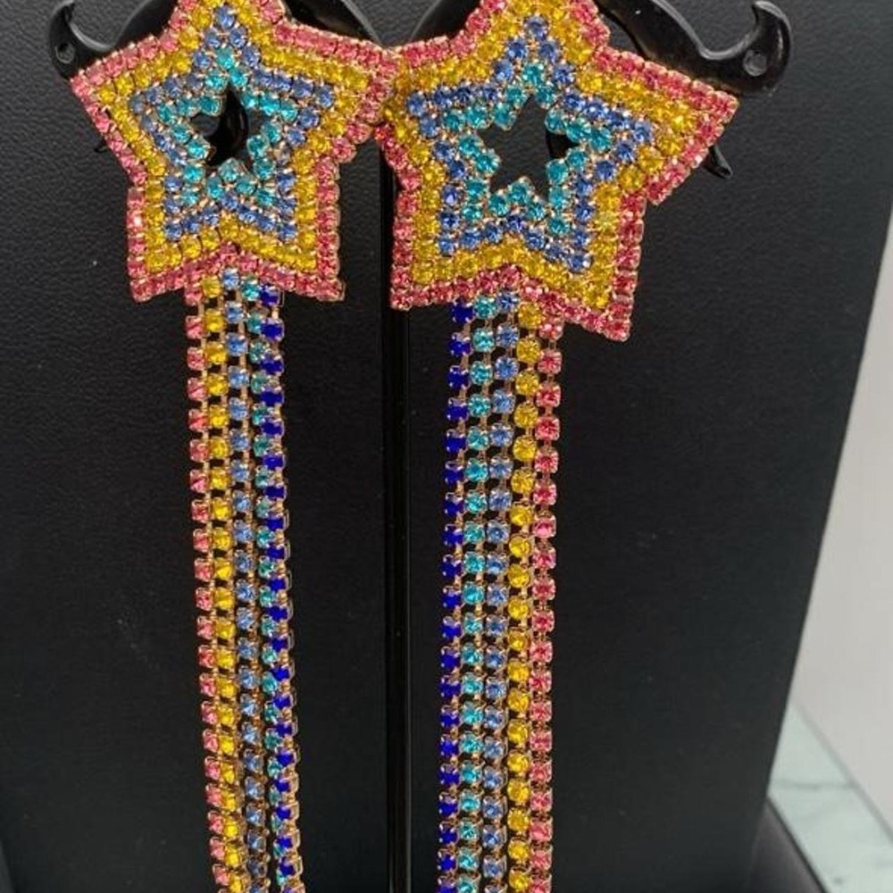Multi colored star pierced earrings with colorful rhinestones